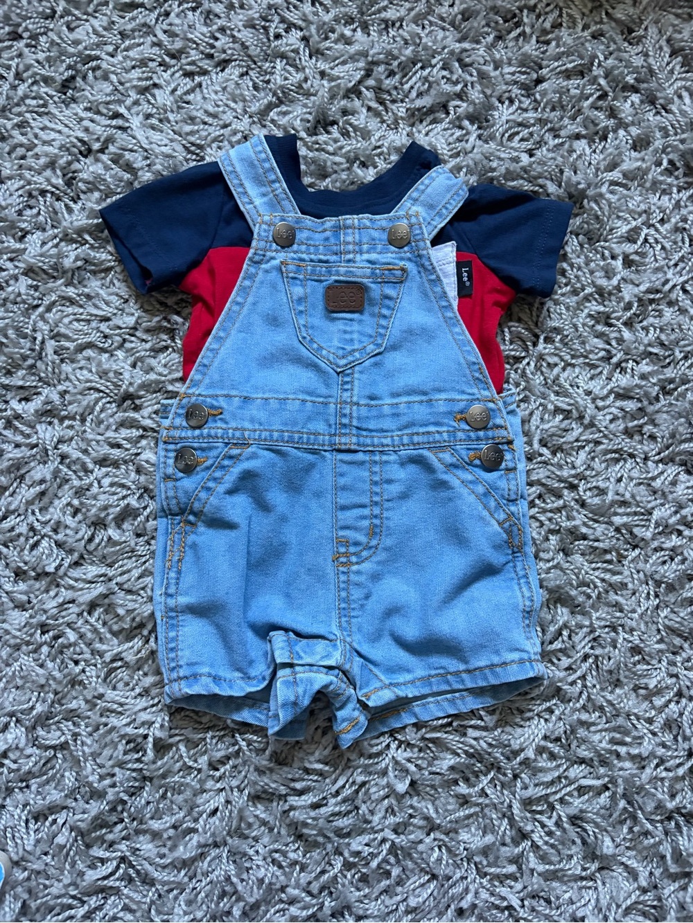 Lee Light Blue Denim Shortalls with Navy & Red Tee